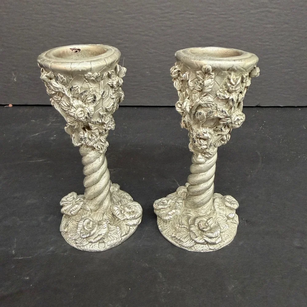 1994 MWFP Pewter Rose Candlestick Holders Silver Floral Shabby Cottagecore Set 2